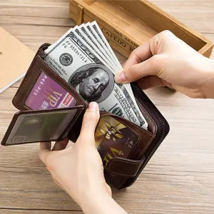 BULLCAPTAIN Genuine Leather Mens Zipper Wallet RFID Blocking Short Wallet Vintage Multi-card Holder Secure Coin Purse Compact Design Money Clip Stylish