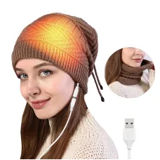 TENGOO 2 In 1 Electric Heating Hat Scarf Rechargeable Thermal Washable Hat Soft Knitted Winter Warm Scarf for Head Neck