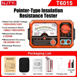NJTY T6015 Insulation Resistance Tester Megohmmeter 1000V 2000M Analog High Voltage Meter AC DC Voltmeter Rechargeable Pointer Electrical Tester with Magnetic Back
