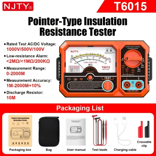 NJTY T6015 Insulation Resistance Tester Megohmmeter 1000V 2000M Analog High Voltage Meter AC DC Voltmeter Rechargeable Pointer Electrical Tester with Magnetic Back