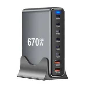 [GaN Tech] Bakeey YMX-670W 670W 8-Port USB PD Charger 2USB-A+6USB-C PD QC Fast Charging Desktop Charging Station EU Plug US Plug for iPhone 16 16 Pro 15 14 13 Pro Max for Samsung Galaxy S25 Ultra for Xiaomi 15 Pro