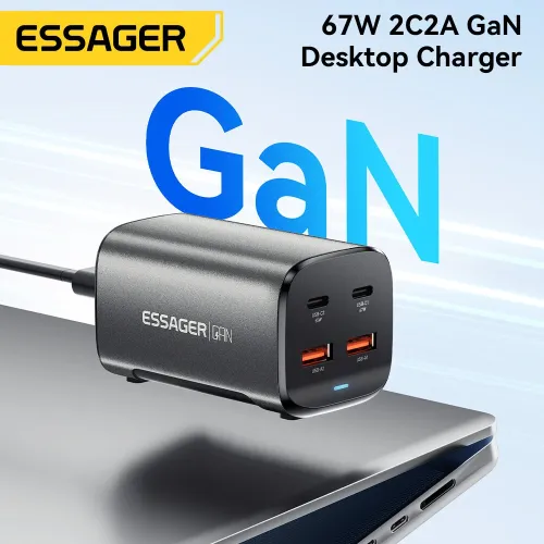[GaN Tech] ESSAGER ES-CD35 67W 4-Port USB PD Charger 2USB-A+2USB-C PD3.0 QC4.0 AFC FCP SCP PPS BC1.2 DCP Apple2.4A Fast Charging Wall Charger Adapter EU Plug US Plug with 1M C8 Power Cable