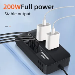 200W Car Inverter DC 12V to 110V AC Power Inverter for Car Charger Adapter with PD 20W USB-C Dual USB Ports and QC3.0 Fast Charging Port