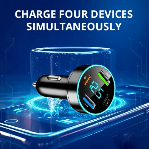 66W Fast Charge Car Charger 4 USB PD20W Type-C QC3.0 Display Car Charger USB Charger 4 Port Car Charger Adapter Voltage Meter Compatible with Samsung/iPhone Android iOS Devices