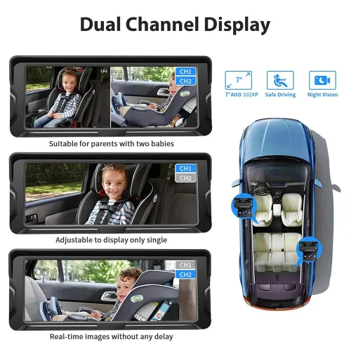 Car Baby Camera Dual Channel 6.8inch 1080P Display with 2 IR Night Camera and 150 Wide View Angle Automotive Baby Camera
