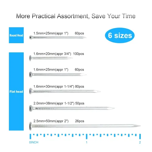 376PCS Premium Hardware Nails Assortment Kit Carbon Steel Galvanized Various Sizes 2" 1-1/2" 1-1/4" 1" 3/4" With Storage Box Ideal For DIY Woodworking Projects