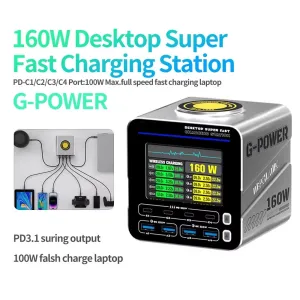 G-POWER 160W Nitride Charger GaN Fast Charger 8-Port PD3.1 QC USB-C USB-A Charging Station with 15W Wireless Charge Metal Body