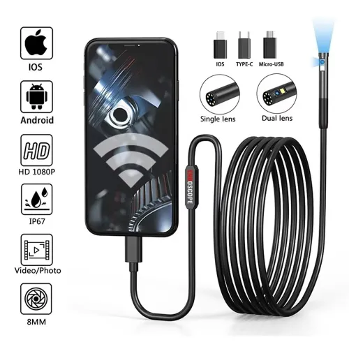 3 in 1 8mm Micro USB/Type-C Endoscope Inspection Dual Lens Camera Waterproof Smartphone Mini Inspection Camera for IOS Android Pipeline Video Borescope