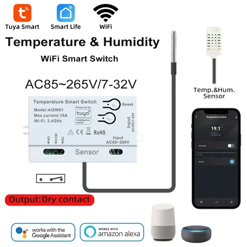 Tuya WiFi Smart Switch Temperature Humidity Dry Contact 10A AC85-265V DC7-32V App Remote Real-Time Monitoring Timer Schedule Smart Home Automation Voice Control with Alexa Google Assistant