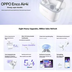 OPPO Enco Air4i TWS Earbuds Wireless bluetooth 5.4 Earphone 12.4mm Large Moving Coil Deep Bass 54H Playback Low Game Delay IP55 Waterproof In-ear Sports Headphones