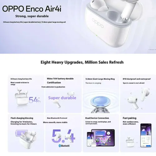 OPPO Enco Air4i TWS Earbuds Wireless bluetooth 5.4 Earphone 12.4mm Large Moving Coil Deep Bass 54H Playback Low Game Delay IP55 Waterproof In-ear Sports Headphones