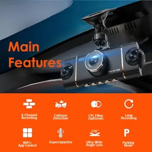 3 Inch IPS Screen 4 Lens Car Dashboard DVR Dash Camera Wifi Infrared Night Vision G-sensor 1920x1080P Video Resolution