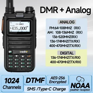 iRadio DM-UV4R DMR Digital Analog Walkie Talkie Dual Mode 1024 Channels AES-256 Encryption UHF VHF Wide Frequency Range NOAA Weather Alerts Type C Charging Two Way Radio