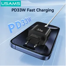 USAMS CC317 T65 33W 2-Port USB PD Charger USB-A+USB-C PD Fast Charging Wall Charger Adapter EU Plug for iPhone 16 16 Pro 15 14 13 Pro Max for Huawei Pura X for Xiaomi 15pro for Samsung Galaxy S25 Ultra