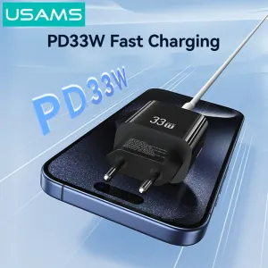 USAMS CC317 T65 33W 2-Port USB PD Charger USB-A+USB-C PD Fast Charging Wall Charger Adapter EU Plug for iPhone 16 16 Pro 15 14 13 Pro Max for Huawei Pura X for Xiaomi 15pro for Samsung Galaxy S25 Ultra