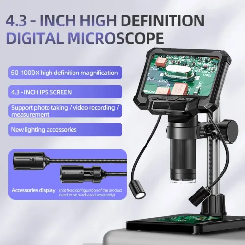 HD Digital Microscope 5X-1000X 12MP 4.3 Inch IPS Screen 1080P Video 8 LED Lights Type-C Suitable for motherboard repair, PCB inspection, mineral inspection and observation