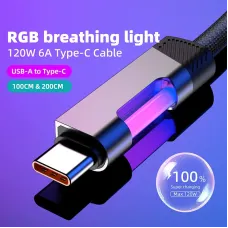 120W USB-A to USB-C RGB Cable Fast Charging Data Transmission Copper Core Line 1M/2M Long for iPhone 16 16 Pro 15 Pro Max for Huawei Pura X for Xiaomi 15Pro for Samsung Galaxy S25 Ultra