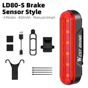 WESBIKING Smart Brake Sensor Bike Taillight 450mAh Battery 3 Light Modes Type-Rechargeable Waterproof Wear-resistant Bicycle Rear Light for Night Cycling