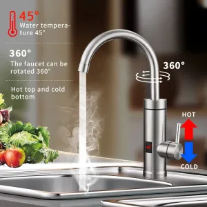 Instant 220V Electric Faucet with 360 Degree Rotating Stainless Steel Pipe Eco-friendly Kitchen Hot Water Heater with 3000W Power 1.5m Power Cord for Fast and Safe Water Heating