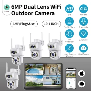 Guudgo 4CH 6MP 4K Security Camera System with Wireless Outdoor 10.1 inch Monitor Dual Lens WiFi 2-Way Audio Human Tracking Night Vision IP66 CCTV Cameras
