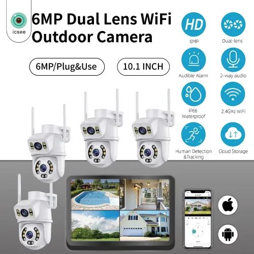 Guudgo 4CH 6MP 4K Security Camera System with Wireless Outdoor 10.1 inch Monitor Dual Lens WiFi 2-Way Audio Human Tracking Night Vision IP66 CCTV Cameras