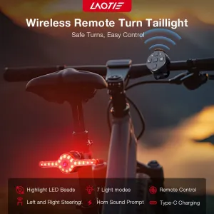 LAOTIX8 Wireless Remote Bike Turn Taillight 400mAh Battery 7 Light Modes Type-Rechargeable IPX5 Waterproof Smart Brake Sensing Loud Warning Bicycle Rear Light for Night Safe Cycling