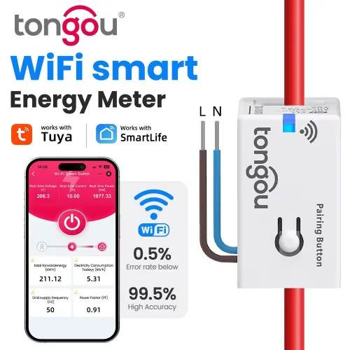 TONGOU Tuya Smart WiFi Energy Meter 1-50A Electric Sensor Real-Time Current Voltage Power Consumption Monitoring Home Assistant Control