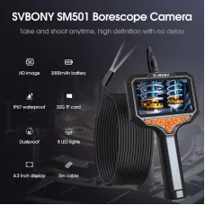 SVBONYSM501 Industrial Endoscope 200W Pixels 4.3-inch IPS Display Screen IP67 Waterproof Borescope with Semi-rigid Cable for Pipeline Mechanical Inspection