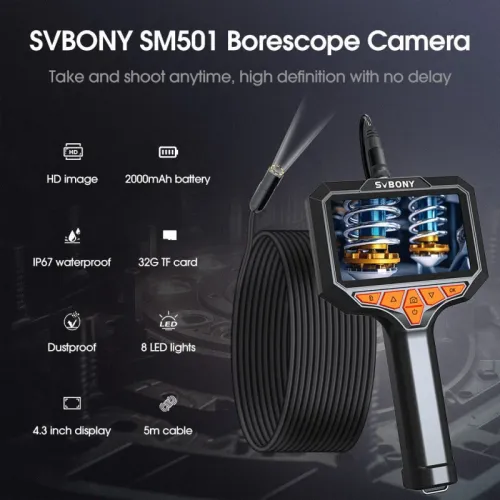 SVBONYSM501 Industrial Endoscope 200W Pixels 4.3-inch IPS Display Screen IP67 Waterproof Borescope with Semi-rigid Cable for Pipeline Mechanical Inspection