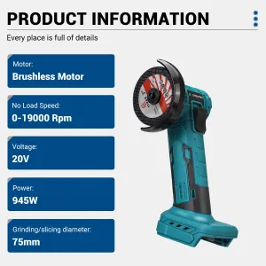Brushless Motor Cordless Angle Grinder 20V 945W 0-19000 RPM Variable Speed 75mm Grinding Slicing Tool for Wood Metal Ceramic Plastic Edge