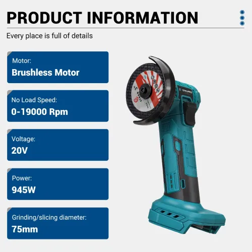Brushless Motor Cordless Angle Grinder 20V 945W 0-19000 RPM Variable Speed 75mm Grinding Slicing Tool for Wood Metal Ceramic Plastic Edge