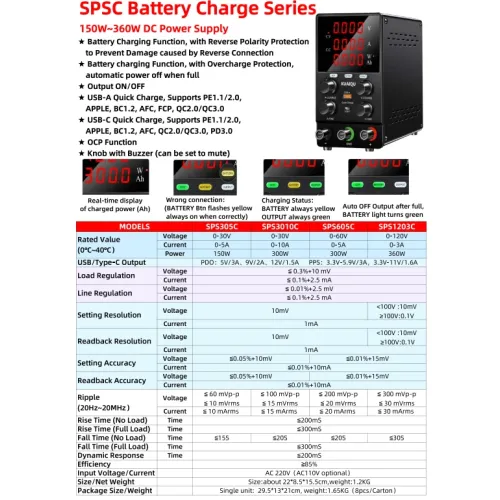 KUAIQU SPS-C Series DC Power Supply Programmable Rechargeable 0CP/OVP Output Voltage 0-30V 0-60V 0-120V Output Current 0-3A 0-5A 0-10A USB-C USB-A Portable Adjustable Power Supply