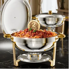 Warmounts Chafing Dish Buffet Set, 5Q2/4 Pack Gold Accent Stainless Steel Chafers and Buffet Warmers Sets with Lid & Lid Holder for Parties Catering Events Weddings Banquets
