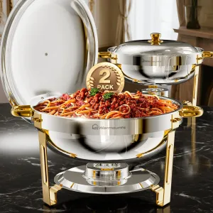 Warmounts Chafing Dish Buffet Set, 5Q2/4 Pack Gold Accent Stainless Steel Chafers and Buffet Warmers Sets with Lid & Lid Holder for Parties Catering Events Weddings Banquets
