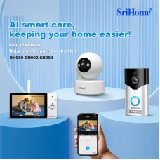 SriHome DH050-DH002-SH064 8MP 4K UHD Baby Monitor Kit with 5-inch Touch Screen WiFi Crying Detection Human Tracking Alarm 2-Way Audio 5200mAh Home Doorbell Baby Camera Doorbell Kit