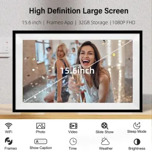 Frameo 15.6 Inch HD Touch Screen Digital Touch Screen Photo Frame 1920x1080P IPS High Definition Dispaly Electronic Photo Frame with 32GB Memory Auto-Rotate Portrait and Landscape