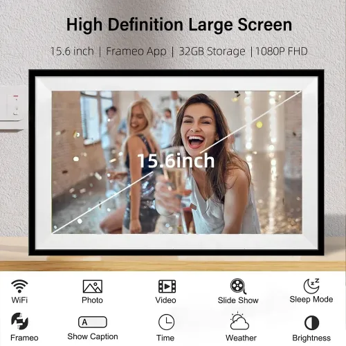 Frameo 15.6 Inch HD Touch Screen Digital Touch Screen Photo Frame 1920x1080P IPS High Definition Dispaly Electronic Photo Frame with 32GB Memory Auto-Rotate Portrait and Landscape