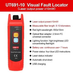 UNI-T UT691-10 Visual Fault Locator 10mW Laser Output 8-10km Fiber Range LED Flashlight USB Rechargeable Fiber Tester