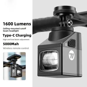 WESBIKING 1600LM Wireless Remote Control Bicycle Headlights Type-Charging IPX4 Waterproof Anti-glare Bike Front Light for MTB