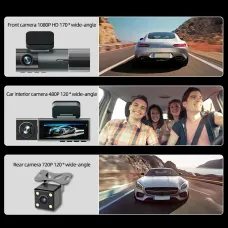 3 Lens 1080P WiFi WDR Dash Cam 3.16 Inch IPS Screen Front Interior Rear Car Driving Recorder Camera 170 Wide Angle Night Vision Motion Detection
