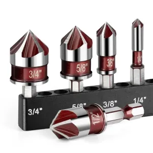 Premium Steel 5 Flute Countersink Drill Bits Set Hex Shank 82 Degree Cutting Tip for Wood Plastic Metal