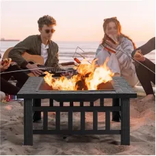 USA Direct Fire Pit 32'' Wood Burning Firepit Metal Square Outdoor Fire Tables SteelFire Pit Bowl with Spark Screen Cover, Poker Log Grate for Patio Camping Backyard Garden Picnic, 8866