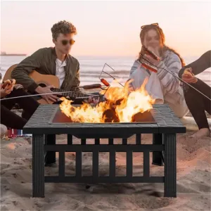 USA Direct Fire Pit 32'' Wood Burning Firepit Metal Square Outdoor Fire Tables SteelFire Pit Bowl with Spark Screen Cover, Poker Log Grate for Patio Camping Backyard Garden Picnic, 8866