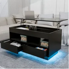 Versatile Lift Top Coffee Table with LED Lights High Gloss Surface Storage Compartment Drawers Adjustable Height P2 Grade Particle Board Strong 220 lbs Capacity Ideal for Living Room Office Bedroom