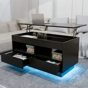 Versatile Lift Top Coffee Table with LED Lights High Gloss Surface Storage Compartment Drawers Adjustable Height P2 Grade Particle Board Strong 220 lbs Capacity Ideal for Living Room Office Bedroom