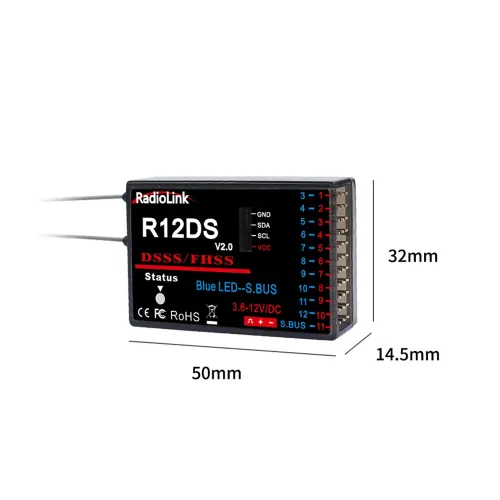 Radiolink R12DS V2.0 2.4GHz 12CH DSSS FHSS Receiver for AT9/AT9S/AT9S PRO/AT10/AT10II Radio Transmitters