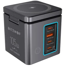 [GaN Tech] Blitzwolf BW-i113 105W 6-in-1 Desktop Charging Station with Wireless Charger PD QC Fast Charging with LED Light EU Plug for iPhone 16 16 Pro 15 14 13 Pro Max for iPad Pro for Macbook Pro for Airpods