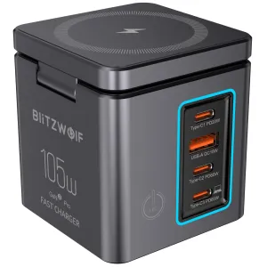 [GaN Tech] Blitzwolf BW-i113 105W 6-in-1 Desktop Charging Station with Wireless Charger PD QC Fast Charging with LED Light EU Plug for iPhone 16 16 Pro 15 14 13 Pro Max for iPad Pro for Macbook Pro for Airpods