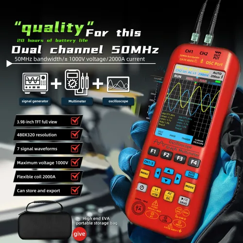 BSIDE O9 2*50MHZ Dual Channel 3in1 Oscilloscope Multimeter Signal Source 3.98inch TFT Display Oscope Meter Handheld Oscilloscope 250MSa/s Sampling Rate with Waveform Save and View Function