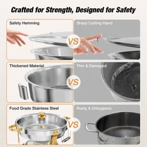 WARMOUNTGold Chafing Dish Buffet Set 2/4/6 Pack, 5QRound Stainless Steel Chafers and Buffet Warmers Sets with Glass Lid & Lid Holder for Parties Catering Events, Polished & No Finger Cuts